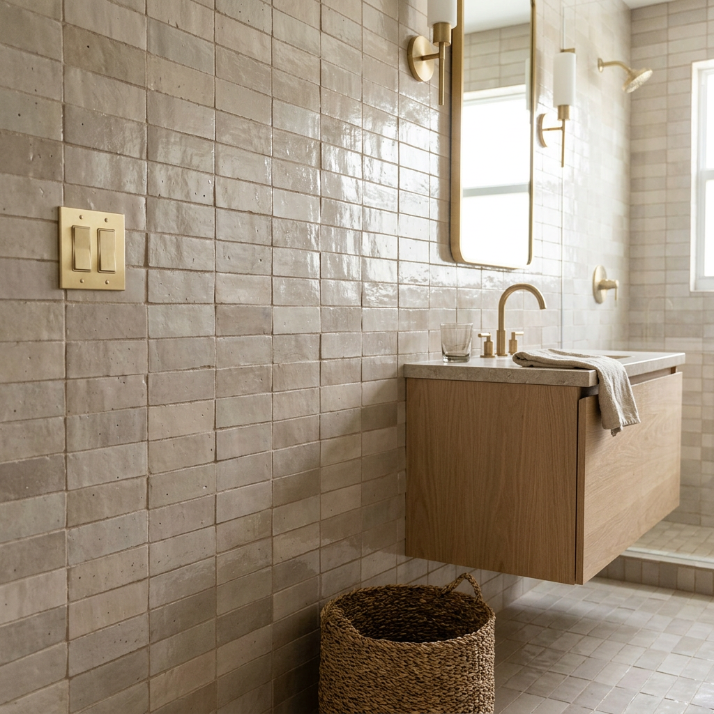 Beige white zellige tile in a bathroom