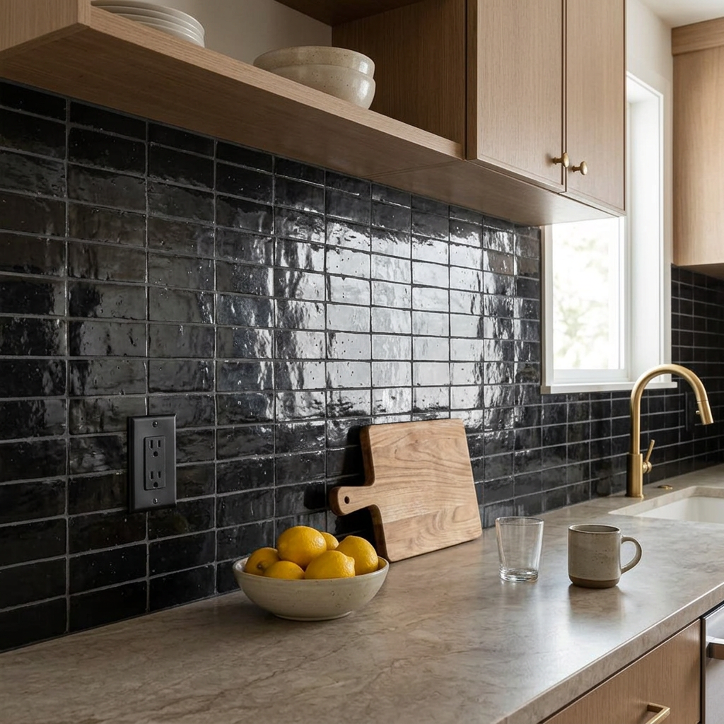 Black zellige tile in a kitchen backsplash