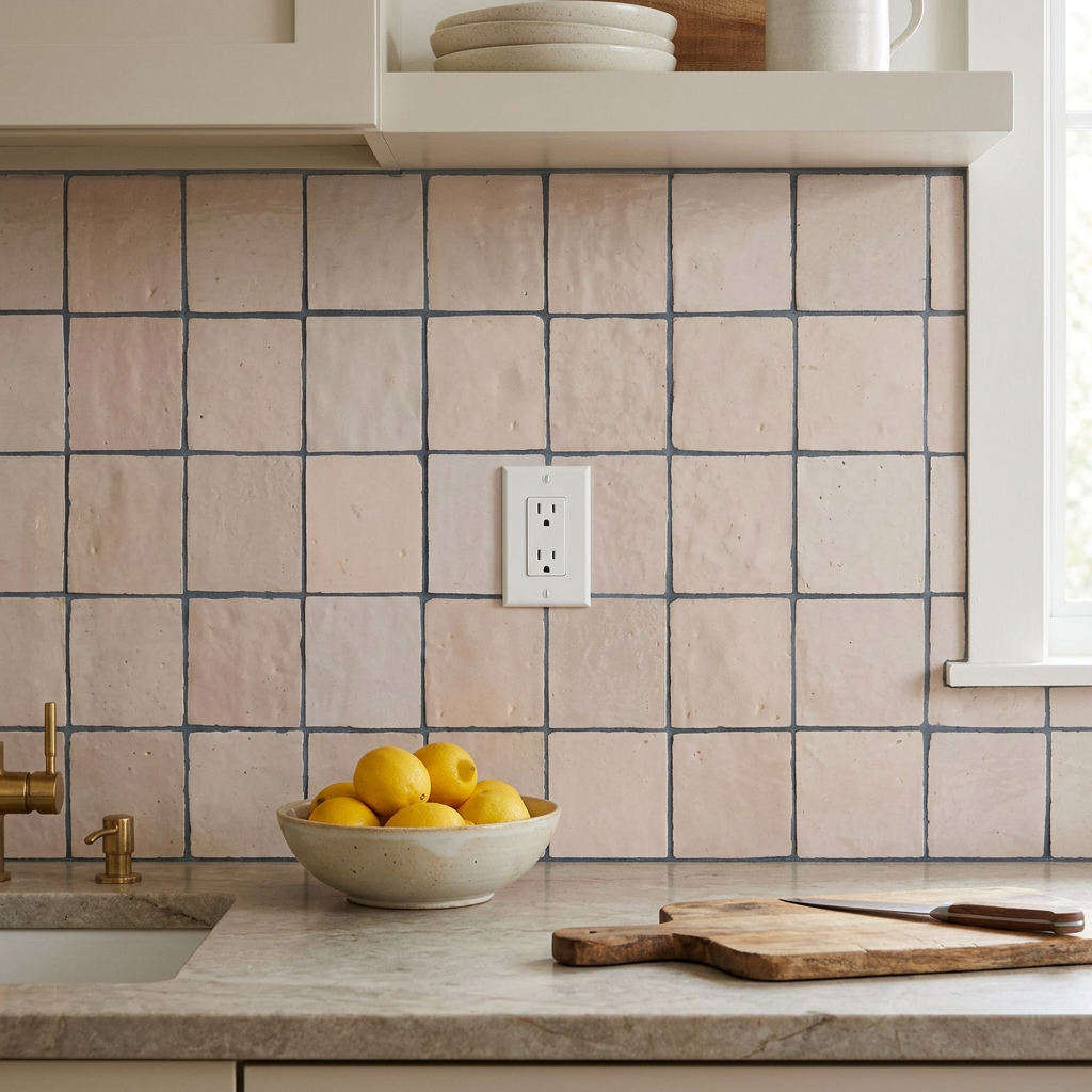Pink Zellige Tile in a kitchen backsplash