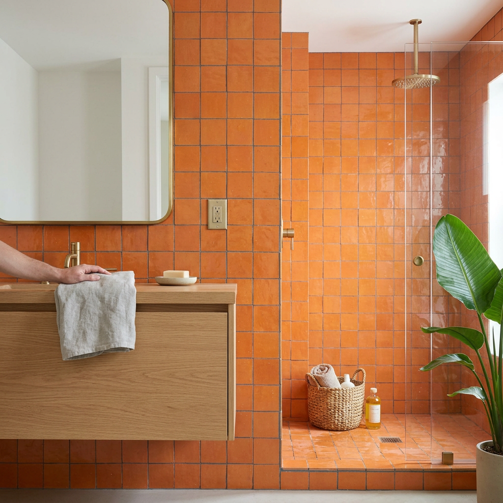 Orange Zellige Tile in bathroom