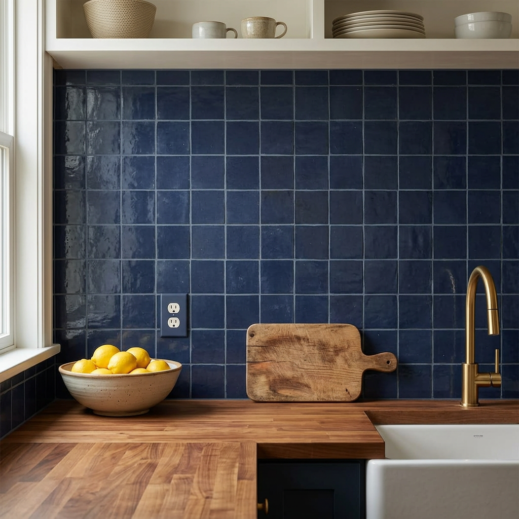Blue Zellige Tile in a kitchen backsplash