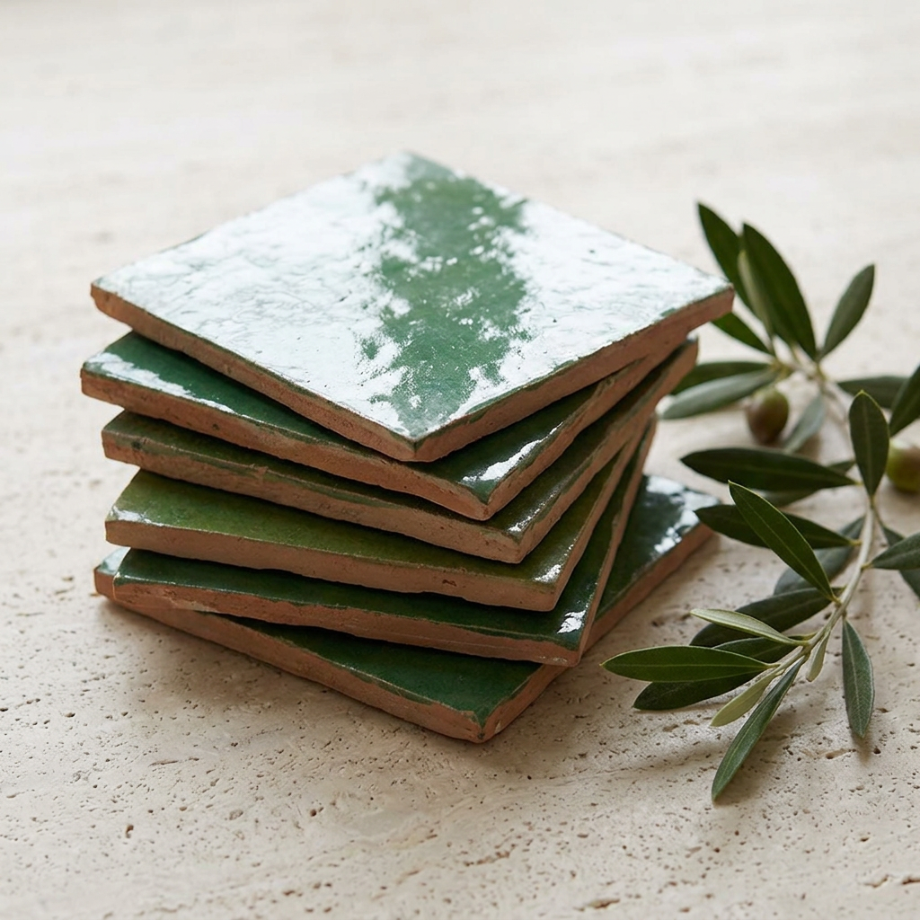 green zellige tile in a living room