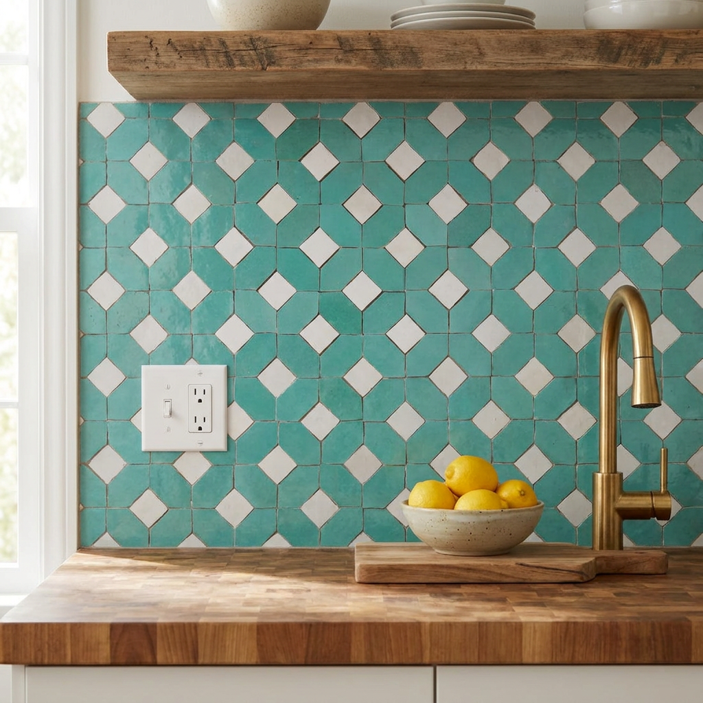 Teal Zellige Tile in kitchen backsplash